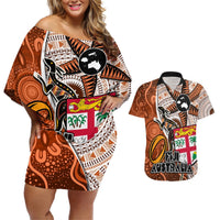 Fiji Australia Rugby Couples Matching Off Shoulder Short Dress and Hawaiian Shirt Kangaroo and Palm Tree Orange Tapa Pattern Mix Aboriginal LT03 Orange - Polynesian Pride