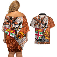 Fiji Australia Rugby Couples Matching Off Shoulder Short Dress and Hawaiian Shirt Kangaroo and Palm Tree Orange Tapa Pattern Mix Aboriginal LT03 - Polynesian Pride