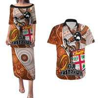 Fiji Australia Rugby Couples Matching Puletasi Dress and Hawaiian Shirt Kangaroo and Palm Tree Orange Tapa Pattern Mix Aboriginal LT03 Orange - Polynesian Pride