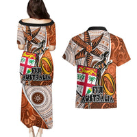 Fiji Australia Rugby Couples Matching Puletasi Dress and Hawaiian Shirt Kangaroo and Palm Tree Orange Tapa Pattern Mix Aboriginal LT03 - Polynesian Pride