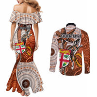 Personalised Fiji Australia Rugby Couples Matching Mermaid Dress and Long Sleeve Button Shirts Kangaroo and Palm Tree Orange Tapa Pattern Mix Aboriginal LT03 - Polynesian Pride