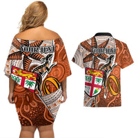 Personalised Fiji Australia Rugby Couples Matching Off Shoulder Short Dress and Hawaiian Shirt Kangaroo and Palm Tree Orange Tapa Pattern Mix Aboriginal LT03 - Polynesian Pride