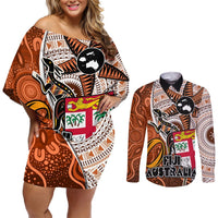 Personalised Fiji Australia Rugby Couples Matching Off Shoulder Short Dress and Long Sleeve Button Shirts Kangaroo and Palm Tree Orange Tapa Pattern Mix Aboriginal LT03 Orange - Polynesian Pride