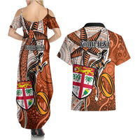 Personalised Fiji Australia Rugby Couples Matching Summer Maxi Dress and Hawaiian Shirt Kangaroo and Palm Tree Orange Tapa Pattern Mix Aboriginal LT03 - Polynesian Pride