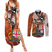 Personalised Fiji Australia Rugby Couples Matching Summer Maxi Dress and Long Sleeve Button Shirts Kangaroo and Palm Tree Orange Tapa Pattern Mix Aboriginal LT03 Orange - Polynesian Pride
