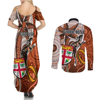 Personalised Fiji Australia Rugby Couples Matching Summer Maxi Dress and Long Sleeve Button Shirts Kangaroo and Palm Tree Orange Tapa Pattern Mix Aboriginal LT03 - Polynesian Pride