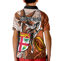 Personalised Fiji Australia Rugby Kid Polo Shirt Kangaroo and Palm Tree Orange Tapa Pattern Mix Aboriginal LT03 - Polynesian Pride