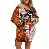 Personalised Fiji Australia Rugby Off Shoulder Short Dress Kangaroo and Palm Tree Orange Tapa Pattern Mix Aboriginal LT03 Women Orange - Polynesian Pride
