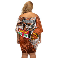 Personalised Fiji Australia Rugby Off Shoulder Short Dress Kangaroo and Palm Tree Orange Tapa Pattern Mix Aboriginal LT03 - Polynesian Pride