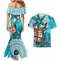 Fiji Australia Rugby Couples Matching Mermaid Dress and Hawaiian Shirt Kangaroo and Palm Tree Blue Tapa Pattern Mix Aboriginal LT03 - Polynesian Pride