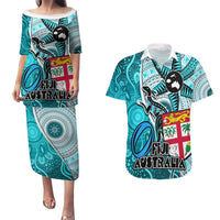 Fiji Australia Rugby Couples Matching Puletasi Dress and Hawaiian Shirt Kangaroo and Palm Tree Blue Tapa Pattern Mix Aboriginal LT03 Blue - Polynesian Pride
