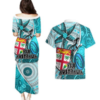 Fiji Australia Rugby Couples Matching Puletasi Dress and Hawaiian Shirt Kangaroo and Palm Tree Blue Tapa Pattern Mix Aboriginal LT03 - Polynesian Pride