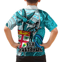 Fiji Australia Rugby Family Matching Puletasi Dress and Hawaiian Shirt Kangaroo and Palm Tree Blue Tapa Pattern Mix Aboriginal LT03 - Polynesian Pride