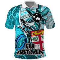 Fiji Australia Rugby Polo Shirt Kangaroo and Palm Tree Blue Tapa Pattern Mix Aboriginal LT03 Blue - Polynesian Pride