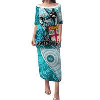 Fiji Australia Rugby Puletasi Kangaroo and Palm Tree Blue Tapa Pattern Mix Aboriginal LT03 Long Dress Blue - Polynesian Pride