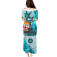Fiji Australia Rugby Puletasi Kangaroo and Palm Tree Blue Tapa Pattern Mix Aboriginal LT03 - Polynesian Pride