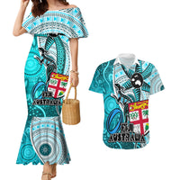 Personalised Fiji Australia Rugby Couples Matching Mermaid Dress and Hawaiian Shirt Kangaroo and Palm Tree Blue Tapa Pattern Mix Aboriginal LT03 Blue - Polynesian Pride