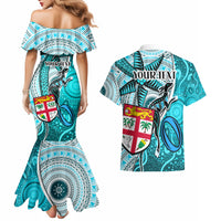 Personalised Fiji Australia Rugby Couples Matching Mermaid Dress and Hawaiian Shirt Kangaroo and Palm Tree Blue Tapa Pattern Mix Aboriginal LT03 - Polynesian Pride