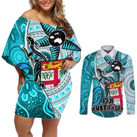 Personalised Fiji Australia Rugby Couples Matching Off Shoulder Short Dress and Long Sleeve Button Shirts Kangaroo and Palm Tree Blue Tapa Pattern Mix Aboriginal LT03 Blue - Polynesian Pride