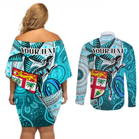 Personalised Fiji Australia Rugby Couples Matching Off Shoulder Short Dress and Long Sleeve Button Shirts Kangaroo and Palm Tree Blue Tapa Pattern Mix Aboriginal LT03 - Polynesian Pride