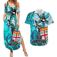 Personalised Fiji Australia Rugby Couples Matching Summer Maxi Dress and Hawaiian Shirt Kangaroo and Palm Tree Blue Tapa Pattern Mix Aboriginal LT03 Blue - Polynesian Pride