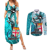 Personalised Fiji Australia Rugby Couples Matching Summer Maxi Dress and Long Sleeve Button Shirts Kangaroo and Palm Tree Blue Tapa Pattern Mix Aboriginal LT03 Blue - Polynesian Pride