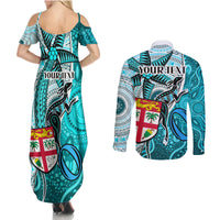 Personalised Fiji Australia Rugby Couples Matching Summer Maxi Dress and Long Sleeve Button Shirts Kangaroo and Palm Tree Blue Tapa Pattern Mix Aboriginal LT03 - Polynesian Pride