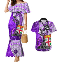 Fiji Australia Rugby Couples Matching Mermaid Dress and Hawaiian Shirt Kangaroo and Palm Tree Purple Tapa Pattern Mix Aboriginal LT03 Purple - Polynesian Pride