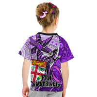 Fiji Australia Rugby Kid T Shirt Kangaroo and Palm Tree Purple Tapa Pattern Mix Aboriginal LT03 - Polynesian Pride