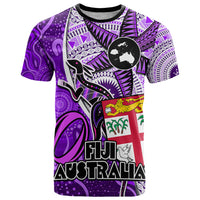 Fiji Australia Rugby T Shirt Kangaroo and Palm Tree Purple Tapa Pattern Mix Aboriginal LT03 Purple - Polynesian Pride