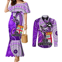 Personalised Fiji Australia Rugby Couples Matching Mermaid Dress and Long Sleeve Button Shirts Kangaroo and Palm Tree Purple Tapa Pattern Mix Aboriginal LT03 Purple - Polynesian Pride