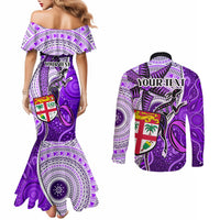 Personalised Fiji Australia Rugby Couples Matching Mermaid Dress and Long Sleeve Button Shirts Kangaroo and Palm Tree Purple Tapa Pattern Mix Aboriginal LT03 - Polynesian Pride