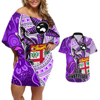 Personalised Fiji Australia Rugby Couples Matching Off Shoulder Short Dress and Hawaiian Shirt Kangaroo and Palm Tree Purple Tapa Pattern Mix Aboriginal LT03 Purple - Polynesian Pride