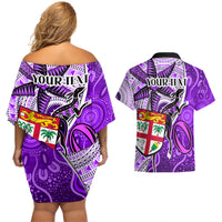 Personalised Fiji Australia Rugby Couples Matching Off Shoulder Short Dress and Hawaiian Shirt Kangaroo and Palm Tree Purple Tapa Pattern Mix Aboriginal LT03 - Polynesian Pride