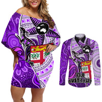Personalised Fiji Australia Rugby Couples Matching Off Shoulder Short Dress and Long Sleeve Button Shirts Kangaroo and Palm Tree Purple Tapa Pattern Mix Aboriginal LT03 Purple - Polynesian Pride