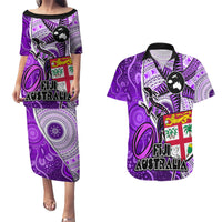 Personalised Fiji Australia Rugby Couples Matching Puletasi Dress and Hawaiian Shirt Kangaroo and Palm Tree Purple Tapa Pattern Mix Aboriginal LT03 Purple - Polynesian Pride