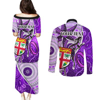 Personalised Fiji Australia Rugby Couples Matching Puletasi Dress and Long Sleeve Button Shirts Kangaroo and Palm Tree Purple Tapa Pattern Mix Aboriginal LT03 - Polynesian Pride