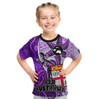 Personalised Fiji Australia Rugby Kid T Shirt Kangaroo and Palm Tree Purple Tapa Pattern Mix Aboriginal LT03 Purple - Polynesian Pride