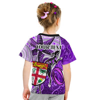 Personalised Fiji Australia Rugby Kid T Shirt Kangaroo and Palm Tree Purple Tapa Pattern Mix Aboriginal LT03 - Polynesian Pride