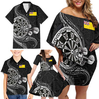 Personalised Niue Darts Masters Family Matching Off Shoulder Short Dress and Hawaiian Shirt Tribal Hiapo Dartboard - Polynesian Pride