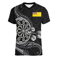 Personalised Niue Darts Masters Women V-Neck T-Shirt Tribal Hiapo Dartboard - Polynesian Pride