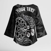 Personalised New Zealand Aotearoa Darts Masters Kimono Sleeve Blouse Tribal Silver Fern and Ta Moko Dartboard - Polynesian Pride