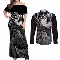 Personalised New Zealand Aotearoa Darts Masters Couples Matching Off Shoulder Maxi Dress and Long Sleeve Button Shirt Silver Fern and Maori Spirit - Polynesian Pride