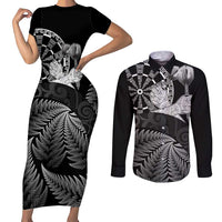 Personalised New Zealand Aotearoa Darts Masters Couples Matching Short Sleeve Bodycon Dress and Long Sleeve Button Shirt Silver Fern and Maori Spirit - Polynesian Pride