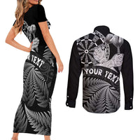 Personalised New Zealand Aotearoa Darts Masters Couples Matching Short Sleeve Bodycon Dress and Long Sleeve Button Shirt Silver Fern and Maori Spirit - Polynesian Pride
