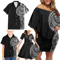 Traditional Polynesian Art Tattoos Family Matching Off Shoulder Short Dress and Hawaiian Shirt Black Color - Polynesian Pride