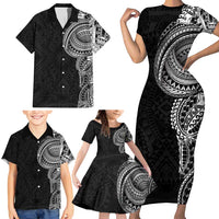 Traditional Polynesian Art Tattoos Family Matching Short Sleeve Bodycon Dress and Hawaiian Shirt Black Color LT03 - Polynesian Pride