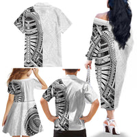 Traditional Polynesian Art Tattoos Family Matching Off The Shoulder Long Sleeve Dress and Hawaiian Shirt White Color - Polynesian Pride