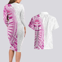 Traditional Polynesian Art Tattoos Couples Matching Long Sleeve Bodycon Dress and Hawaiian Shirt Pink Color LT03 - Polynesian Pride