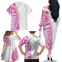 Traditional Polynesian Art Tattoos Family Matching Off The Shoulder Long Sleeve Dress and Hawaiian Shirt Pink Color - Polynesian Pride